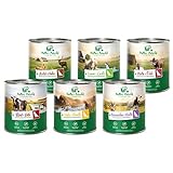 Müllers Naturhof - Mix - 6 x 800 g - Nassfutter für alle Hunderassen - getreidefrei und glutenfrei - mit Gartengemüse und Wiesenkräutern - naturnahe Rezeptur mit 65% Fleisch